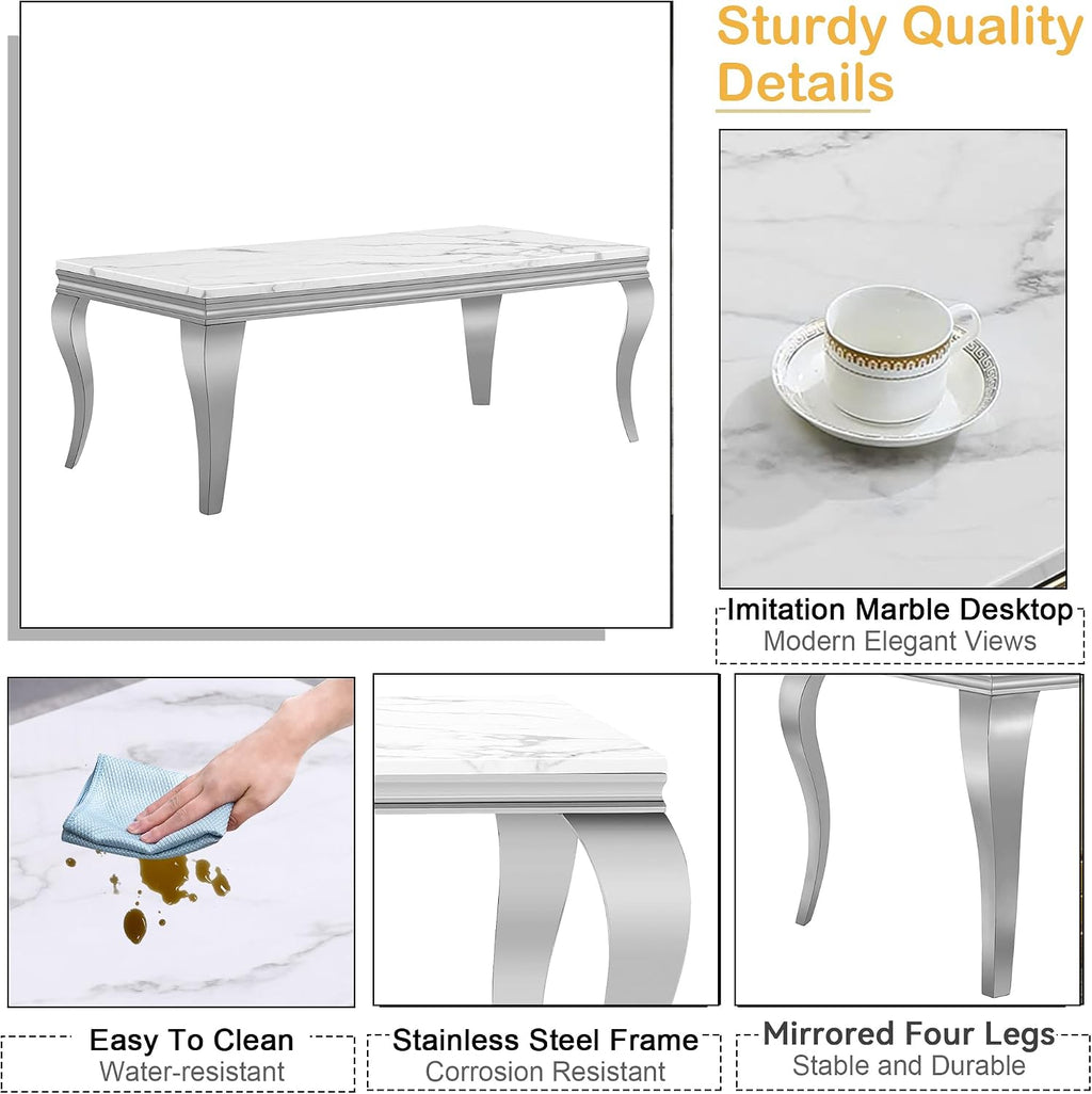 47' Marble Coffee Table for Living Room, Modern White Coffee Table with Silver Stainless Steel S-Shaped Legs, Faux Marble Rectangle Center Table Accent Cocktail Table for Home,Office
