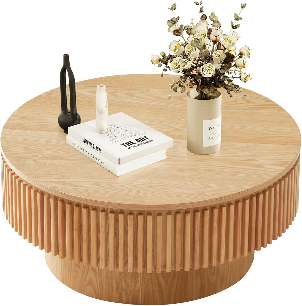 Round Coffee Table with Storage, Small Solid Wood Coffee Table for Living Room, Mid Century Modern Circle Center Tables for Small Space Apartment (31.5''D×14''H-Natural)