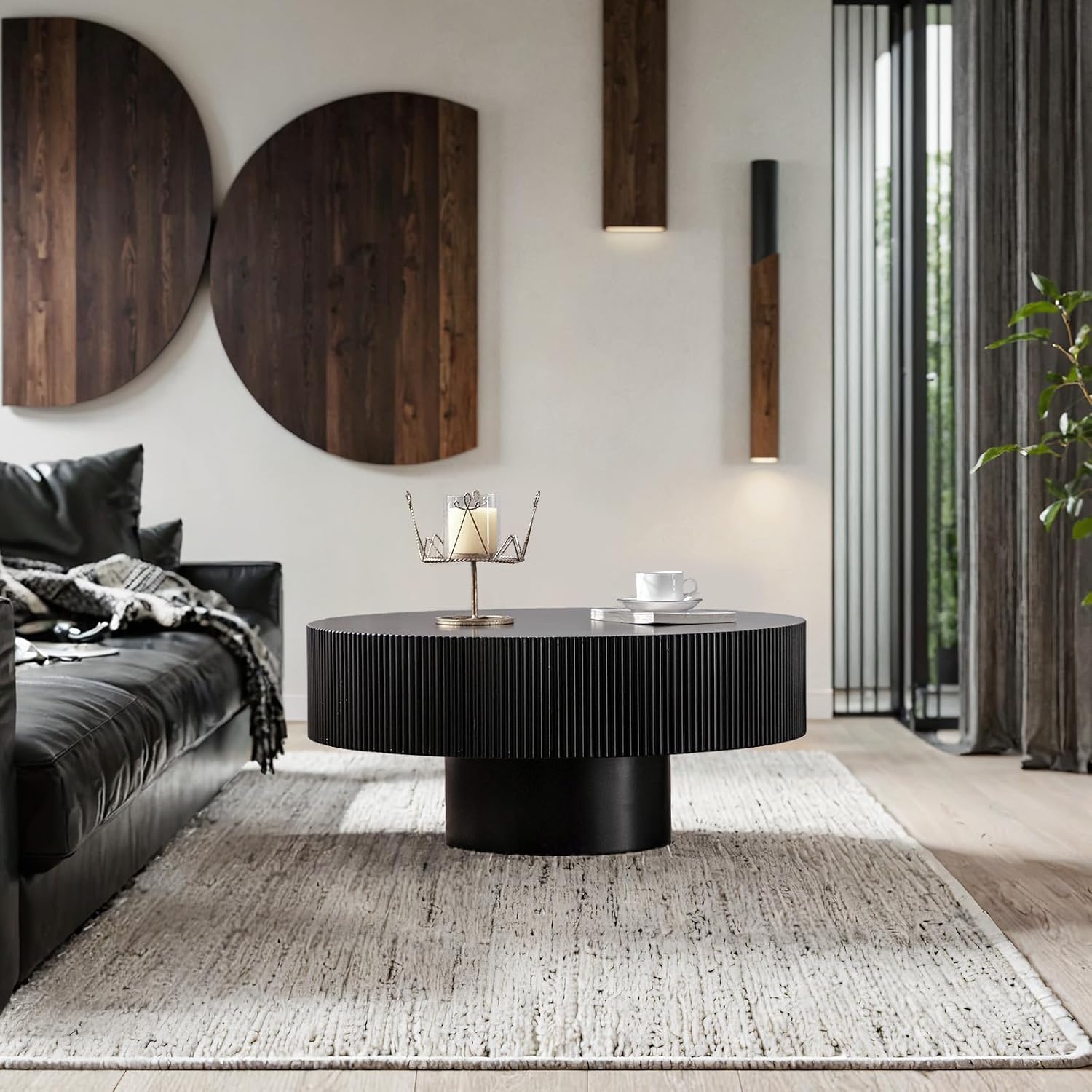 Round Fluted Coffee Table Round Drum Coffee Table for Living Room Modern Circular Pedestal Center Table (Circle Black 30.9in)
