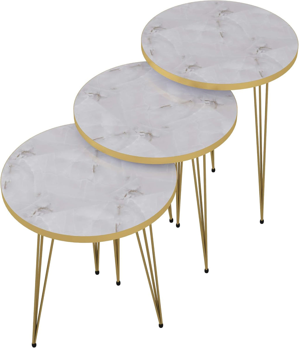 Set of 3 High Gloss White Marble Gold Legs Nesting End Tables Round Wood Stacking Coffee Side Accent Table with Metal Legs for Living Room, Home Office, Nightstands for Bedroom