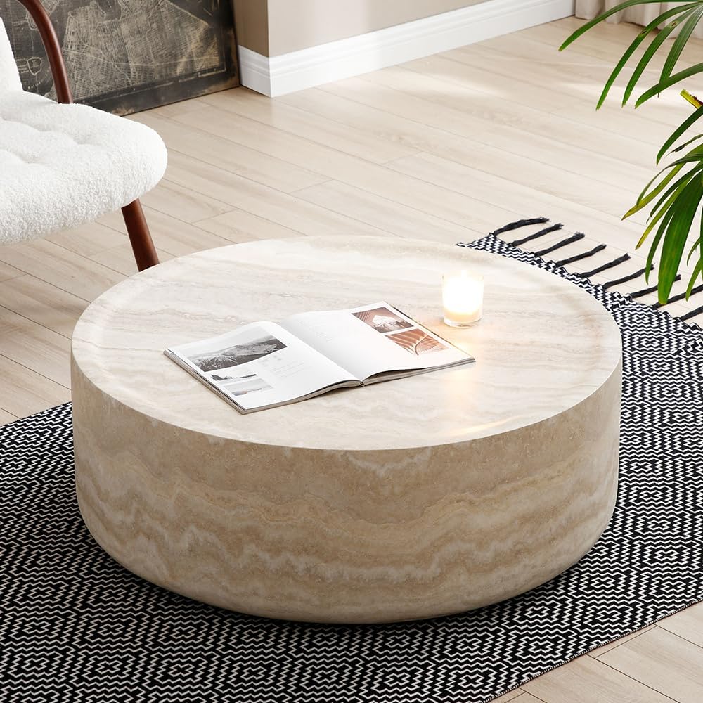 WILLIAMSPACE 35.43'' Round Coffee Table in Faux Marble, Modern Circle Fiberglass Drum Stone Center Table Side Table Tea Table for Living Room, No Need Assembly (Mars Pattern)