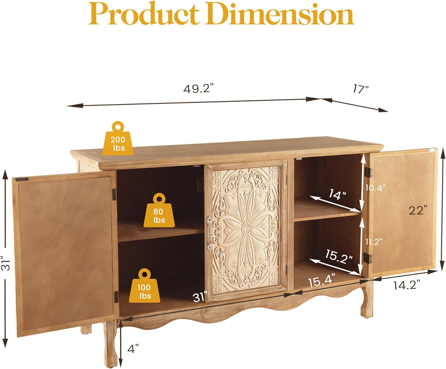 RoyalCraft Farmhouse Sideboard Buffet Cabinet with Storage, 49' Solid Wood Credenza Buffet Table Coffee Bar Wine Bar Storage Cabinet with 3 Doors for Dining Room Living Room Hallway, (Provence Grain)