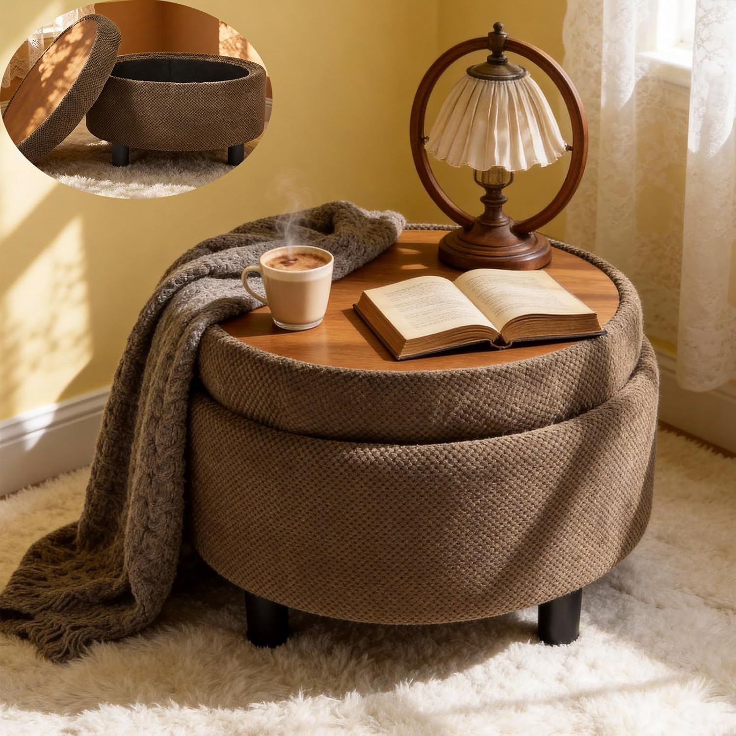 Round Storage Ottoman with Reversible Tray Lid, 25' Upholstered Button Tufted Coffee Table with Storage Foot Rest Stool for Living Room, Bedroom, Entryway, Coffee