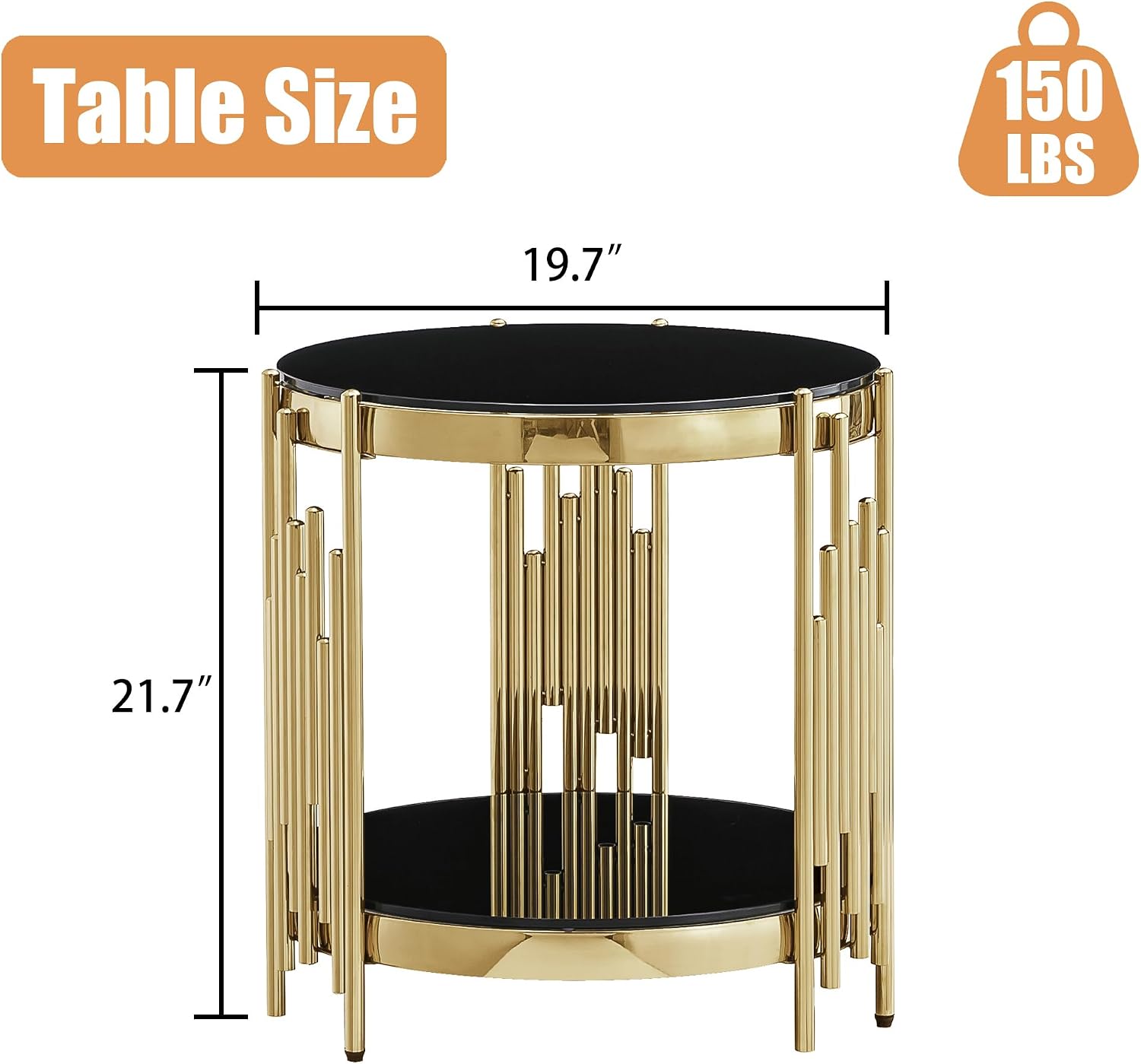 20' Round Glass End Table, 2-Tier Gold Side Table with Stainless Steel Legs and Black Tempered Glass, Modern Luxury End Table for Living Room Home Office