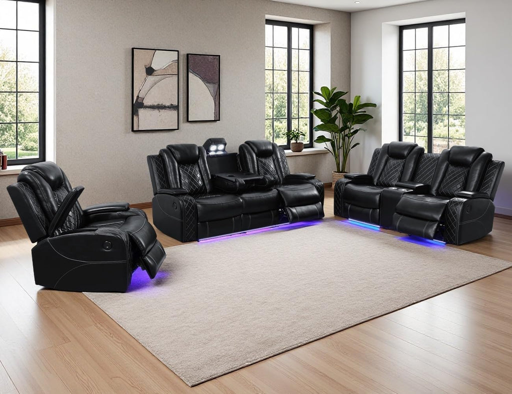 Black Leather Power Recliner Set with LED Lights, 3-Piece Recliner Sofa Loveseat Chair with Coffee Table/Storage/Charging Port, Modern Reclining Furniture for Living Room/Home Theater/Office