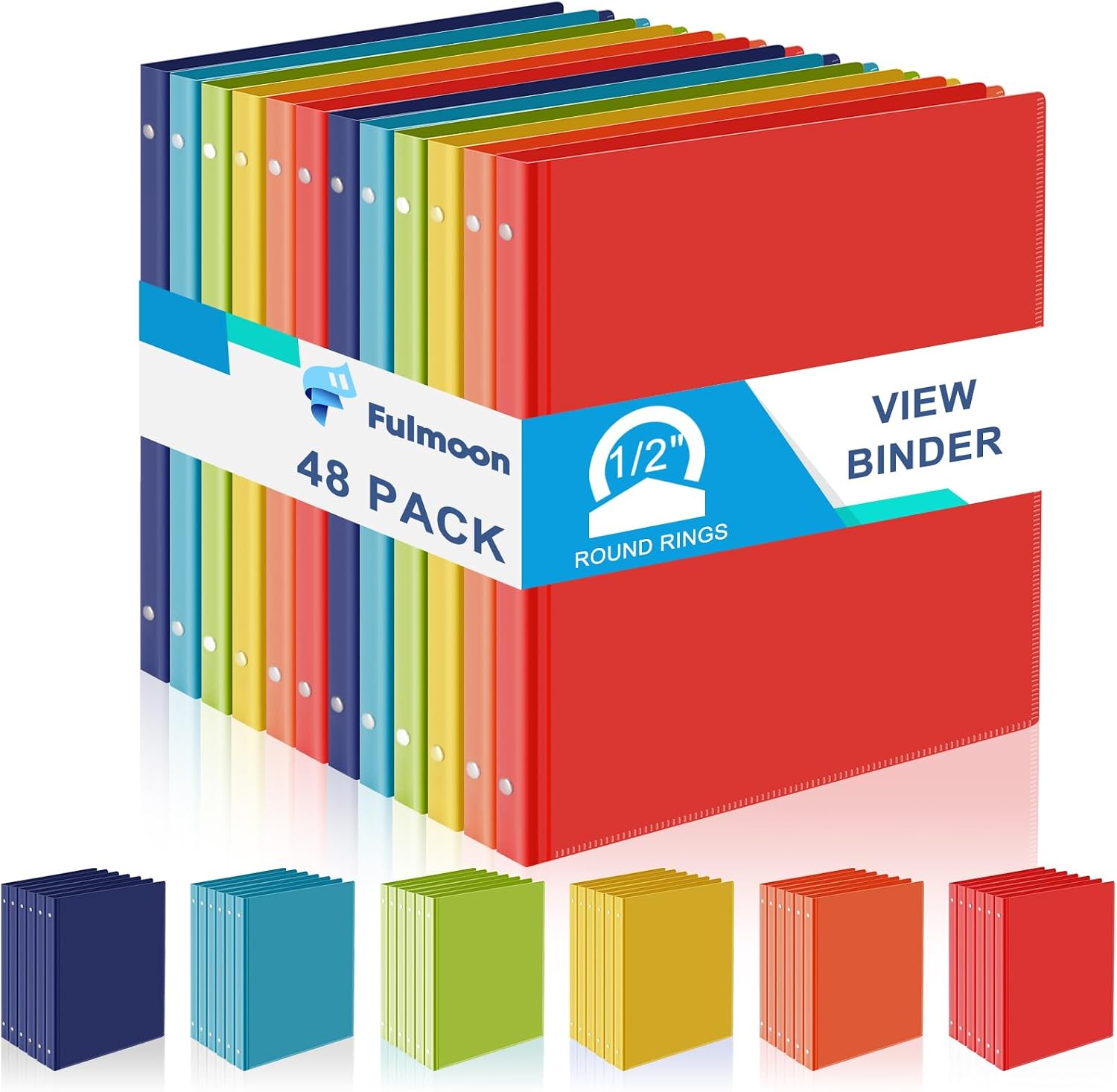 Fulmoon 48 Pack 3 Ring Plastic Binders 1/2 Inch Bulk with 2 Pockets, Flexible Binder Loose Leaf Hardcover, Fit 12' x 10' US Letter Size Paper, for School Office Home, 6 Colors(Vibrant)