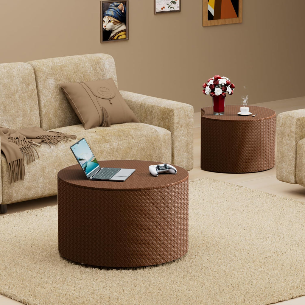 WXFKLDJ Nesting Coffee Tables Set of 2 Leather Finish Round Coffee Tables with Storage Wood Frame Drum End Side Table for Small Space Living Room Bedroom No Assembly Needed (Brown with Storage)