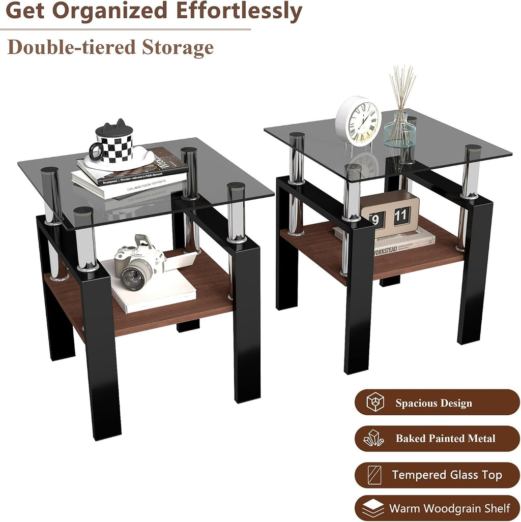 Modern Glass Coffee Table Set of 3 with Storage, Black End Tables with Metal Leg, Gray Rectangle Tempered Glass Center Table for Living Room Furniture
