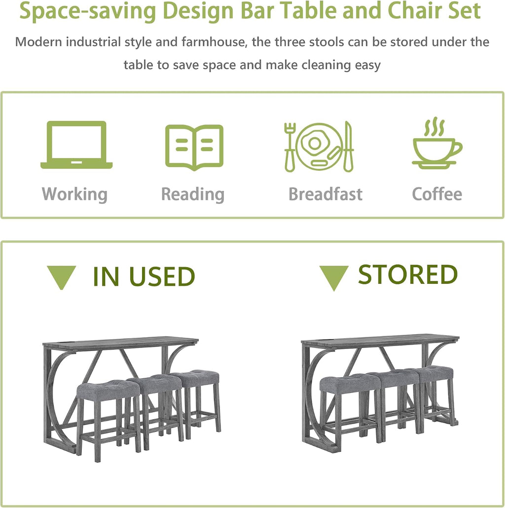 Merax 59 Inch Industrial Bar Table Set with Power Outlet, 3 Linen Upholstered Stools, Counter Height Table Set with 24 Inch Seat Height Stools for Kitchen, Living Room,Grey+Gray
