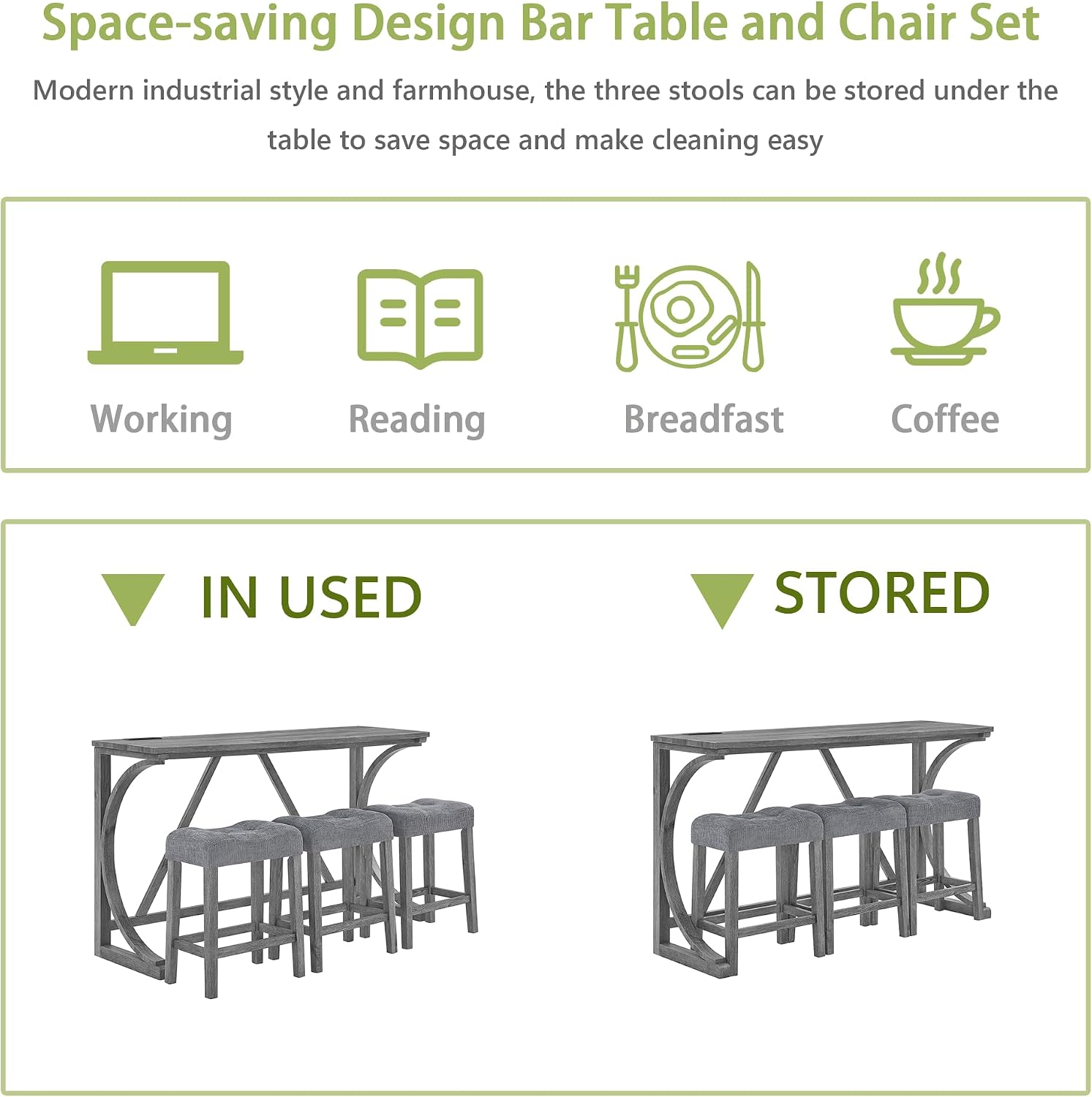 Merax 59 Inch Industrial Bar Table Set with Power Outlet, 3 Linen Upholstered Stools, Counter Height Table Set with 24 Inch Seat Height Stools for Kitchen, Living Room,Grey+Gray