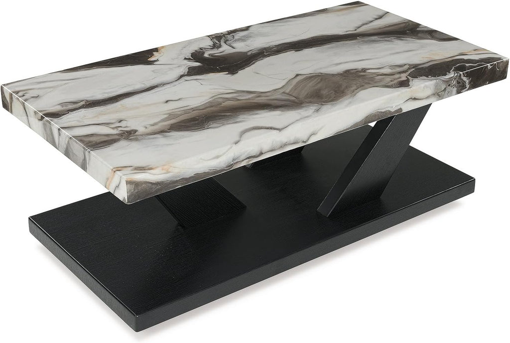 Signature Design by Ashley Cendill Contemporary Faux Marble Table with Casters, Set of 3, White & Black