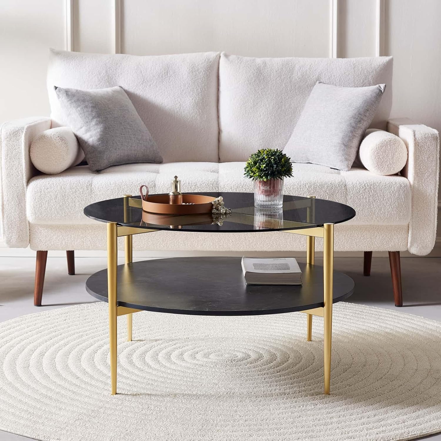 LumFurn Round Coffee Table for Living Room, Mid-Century Modern Design, D30 x H17, 2-Tier Structure, Grey Glass Top and Black Marble Finish Wood Shelf, Sleek Conical Metal Legs with Gold Finish Frame