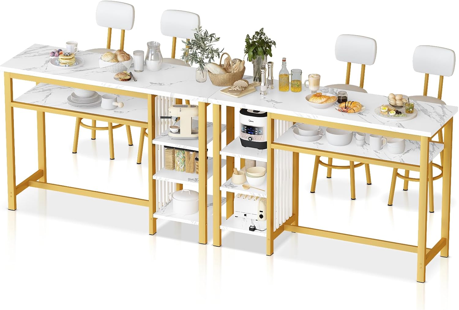 AWQM 3-Piece Bar Table and Chairs Set, Modern White Faux Marble Table with 2 PU Cushion Bar Stools, Kitchen Counter with 3 Tier Storage Shelves, Space Saving Table for Home & Kitchen, White & Gold