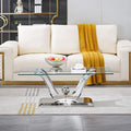 1 Piece Living Room Coffee Table Luxury Glass Center Table, Modern Silver Coffee Table with Floral-Shape Stainless Steel Pedestal Base