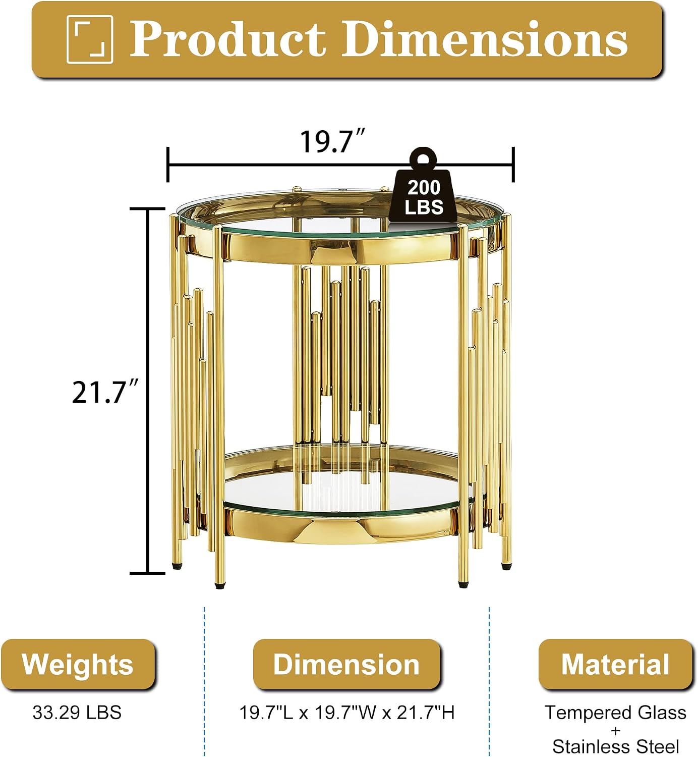 Round Glass End Table 19.69' Modern Coffee Table Living Room Table with Irregular Stainless Steel Leg, Sofa Side Table Clear Top for Home Apartment Office, Gold
