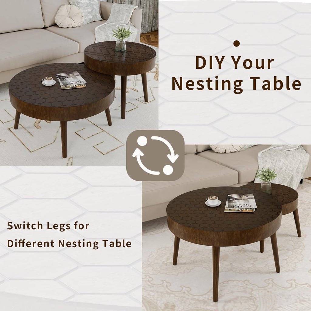 HOMPUS Round Coffee Table, 31.5'' Mid Century Modern Coffee Table Set w Honeycomb Pattern Tabletop, Coffee Table and End Table Set of 2 for Living Room, Easy to Assemble, Brown