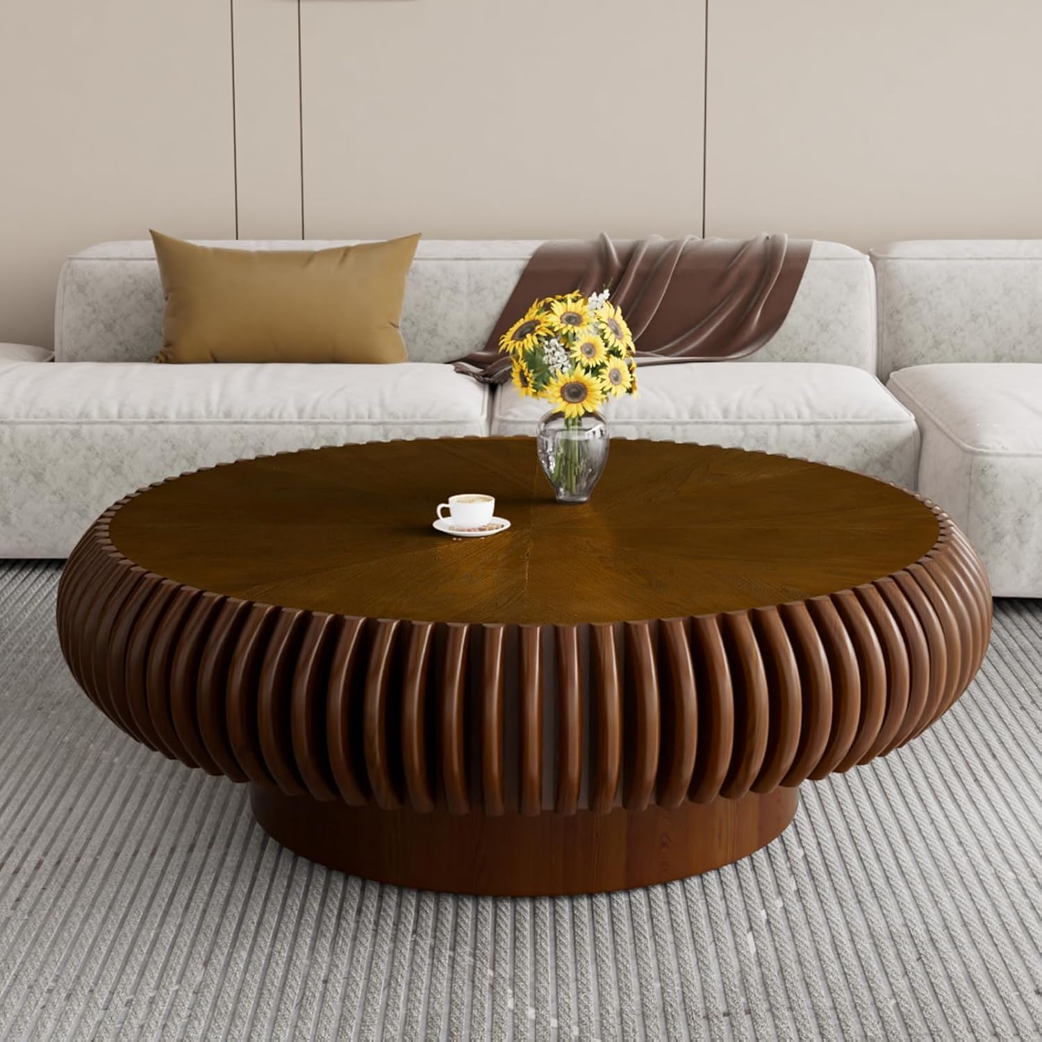 JHKZUDG Round Fluted Coffee Table 39.4'' Wood Drum Coffee Tables Contemporary Circle Accent Center Table Mid Century Side Table for Living Room, Small Space, Apartment (Walnut, 39.4' Coffee Table)