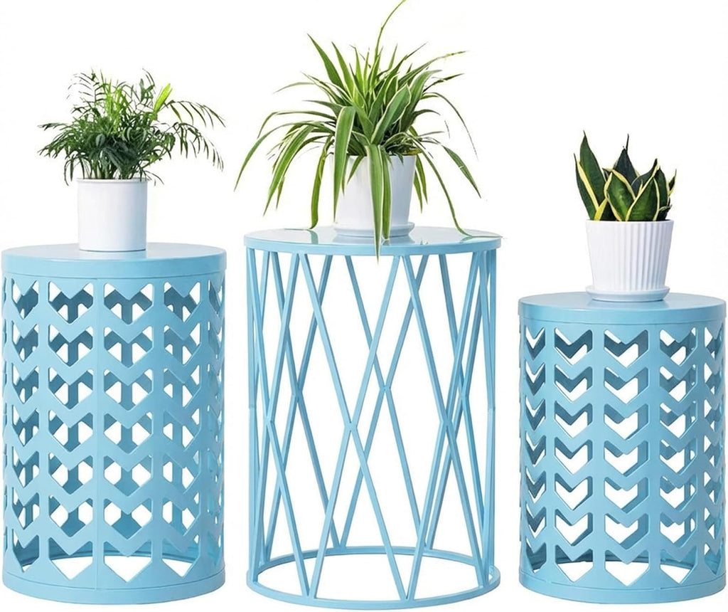 Nesting Side Table Set of 3 Decorative Round Garden Stools for Indoor Outdoor Heavy Duty Metal Frame Side Table Nightstands Modern End Table Plant Stand, Light Blue