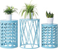 Nesting Side Table Set of 3 Decorative Round Garden Stools for Indoor Outdoor Heavy Duty Metal Frame Side Table Nightstands Modern End Table Plant Stand, Light Blue