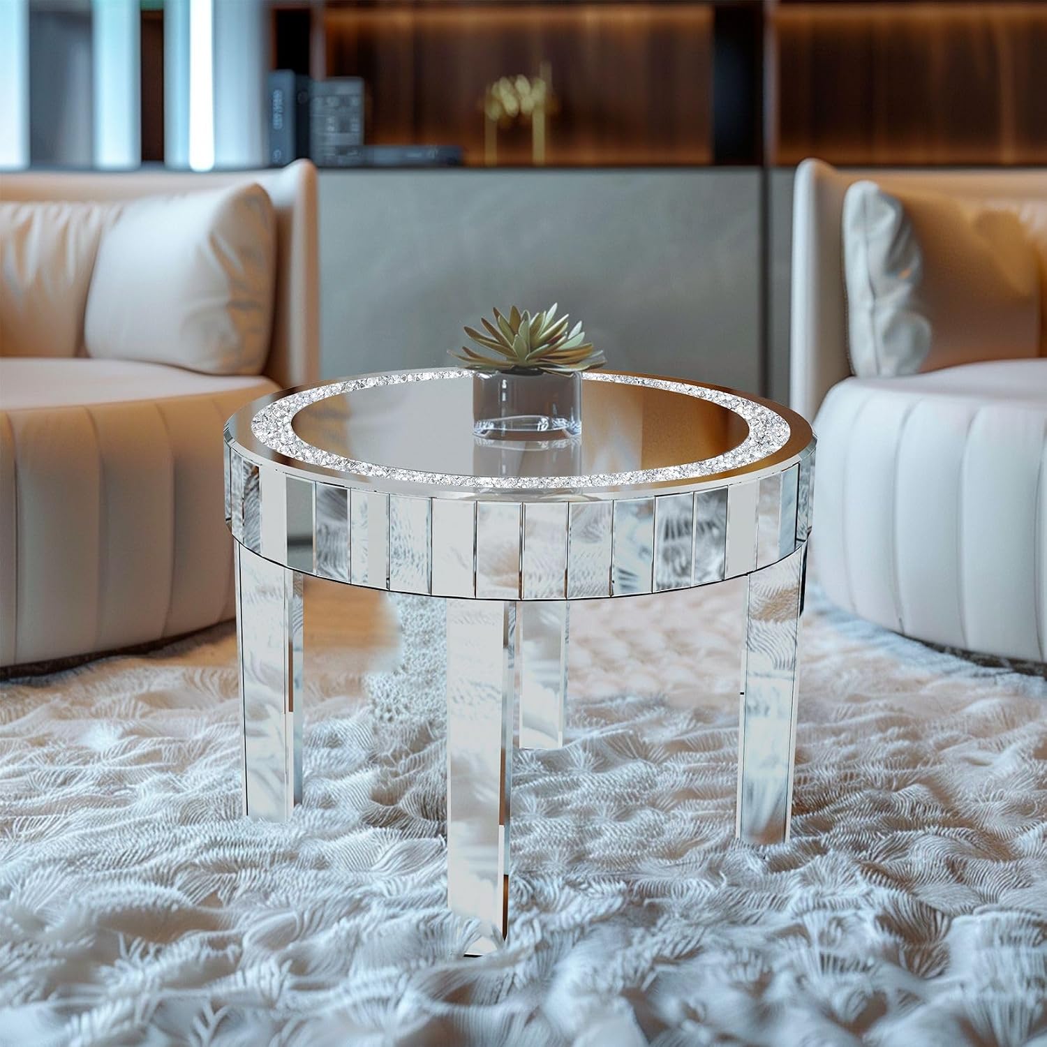 Silver Mirror Accent Table: 23.6 inch Round Mirrored Glass Tabletop Crushed Diamond