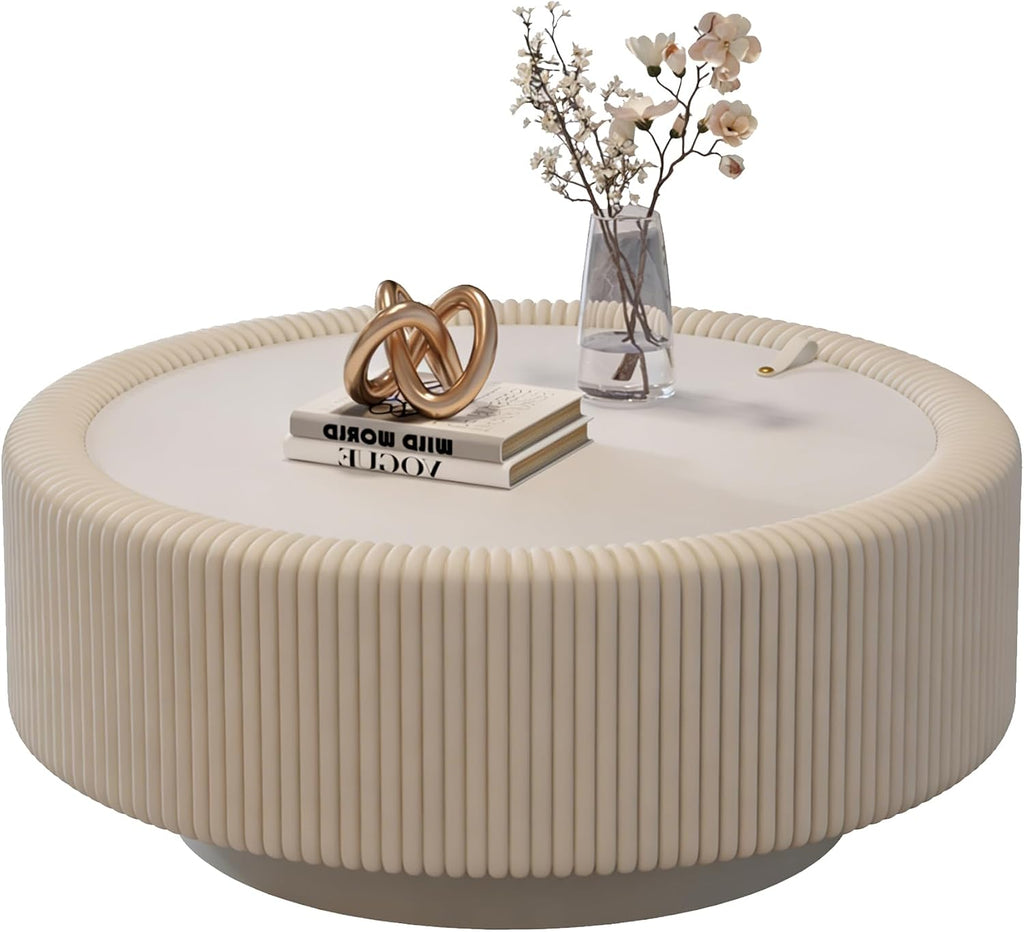 White Round Fluted Coffee Table with Hidden Storage, 31.5' Drum Coffee Table with Tempered Glass Top, PU Leather Body, Baked Enamel Metal Base, Modern Minimalist Circle Tea Table