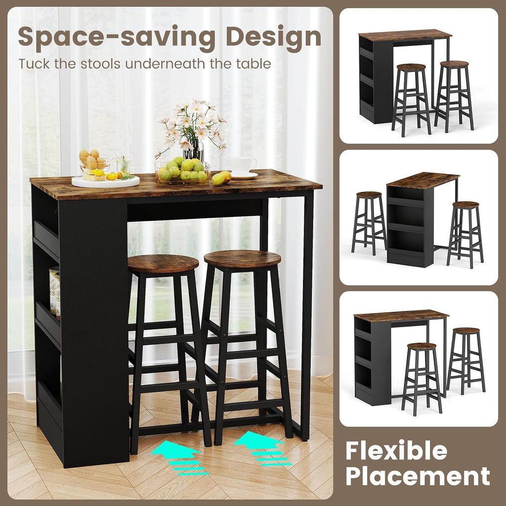 COSTWAY 3-Piece Bar Table Set, 36' Counter Height Breakfast Table with 3 Storage Shelves & 2 Round Stools, Rectangular Kitchen Table Set for 2, for Dining Room, Living Room, Rustic Brown and Black