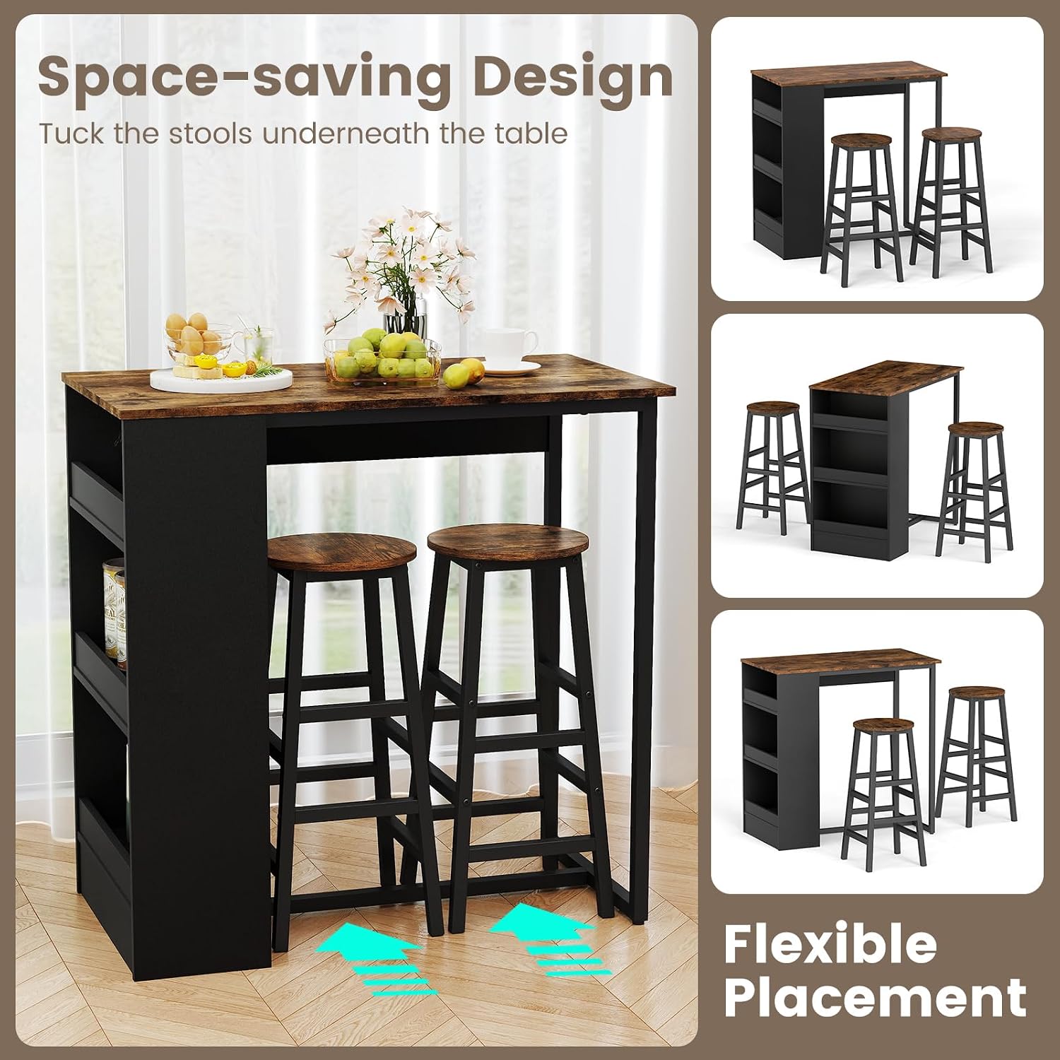 COSTWAY 3-Piece Bar Table Set, 36' Counter Height Breakfast Table with 3 Storage Shelves & 2 Round Stools, Rectangular Kitchen Table Set for 2, for Dining Room, Living Room, Rustic Brown and Black