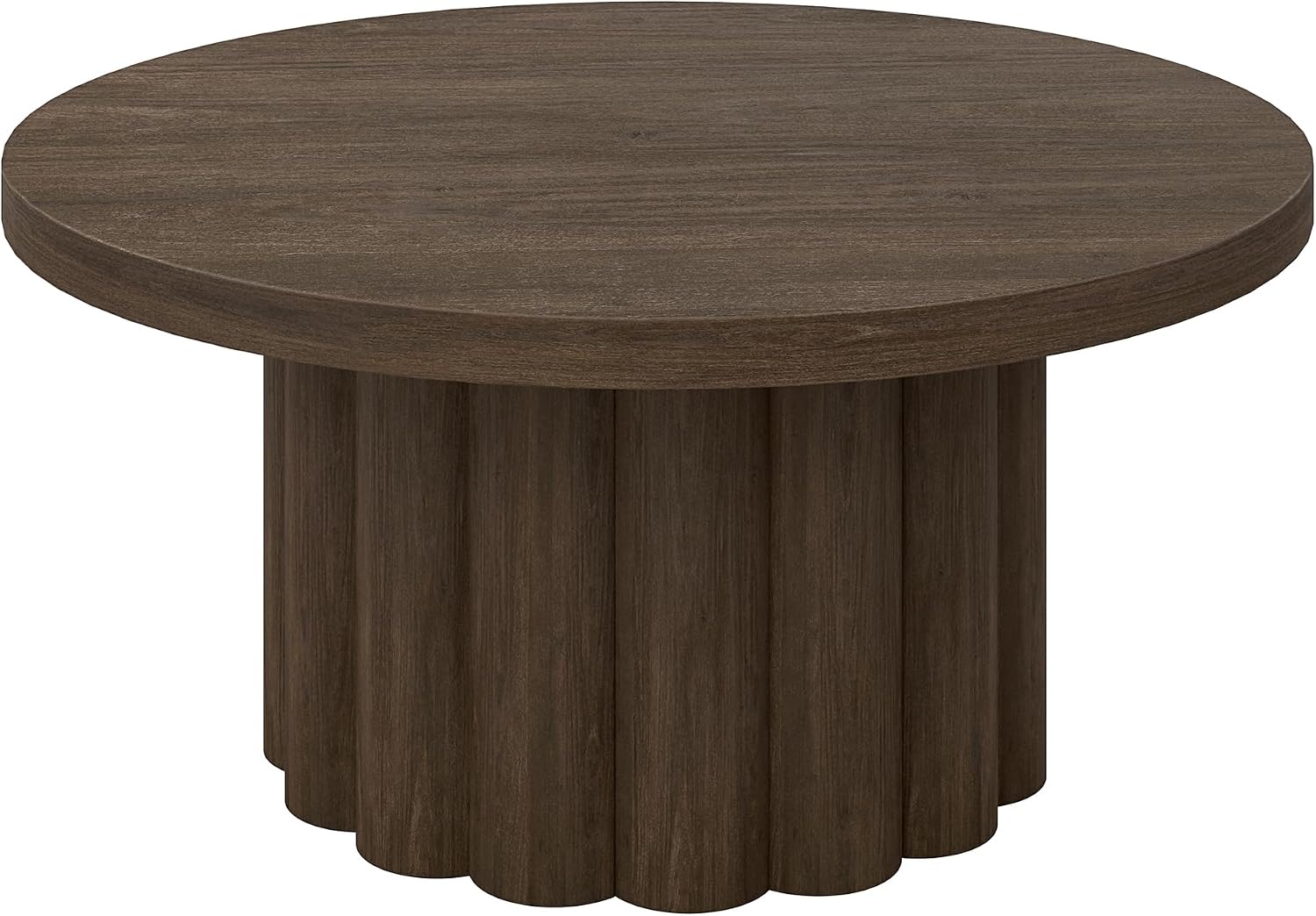 Henn&Hart 32' Fluted Round Ribbed Pedestal Low-Profile Coffee Table for Living Room, Family Room, Office, or Apartment, Heritage Oak
