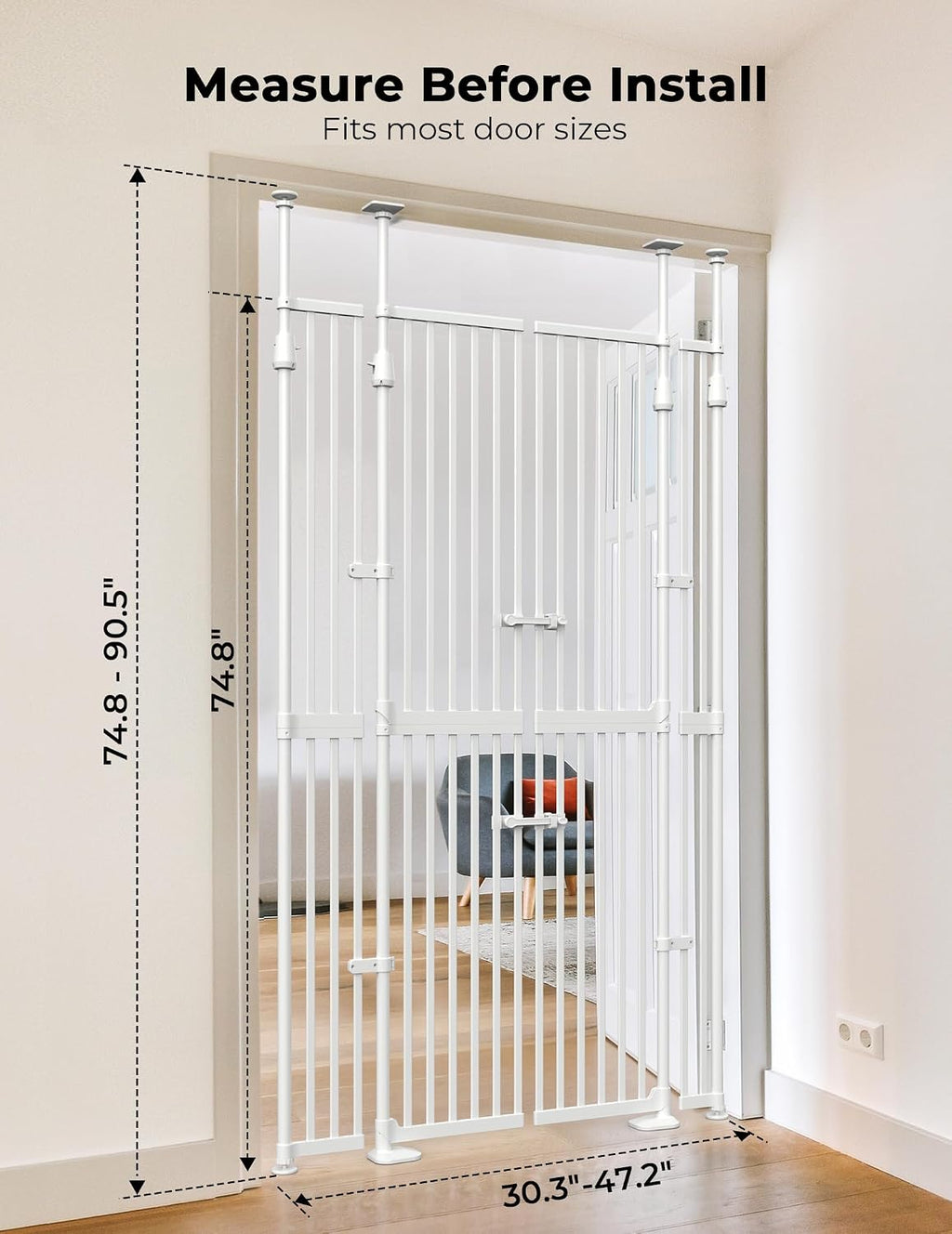 Extra Tall Cate Gate for Doorway: Pressure Mount 74.8'-90.5' Tall Cat Gate for Pets in Extra 30.3'-47.2' Width No Wall Drilling No Toddler for Indoor Stairs Hallway Room Safety Barrier