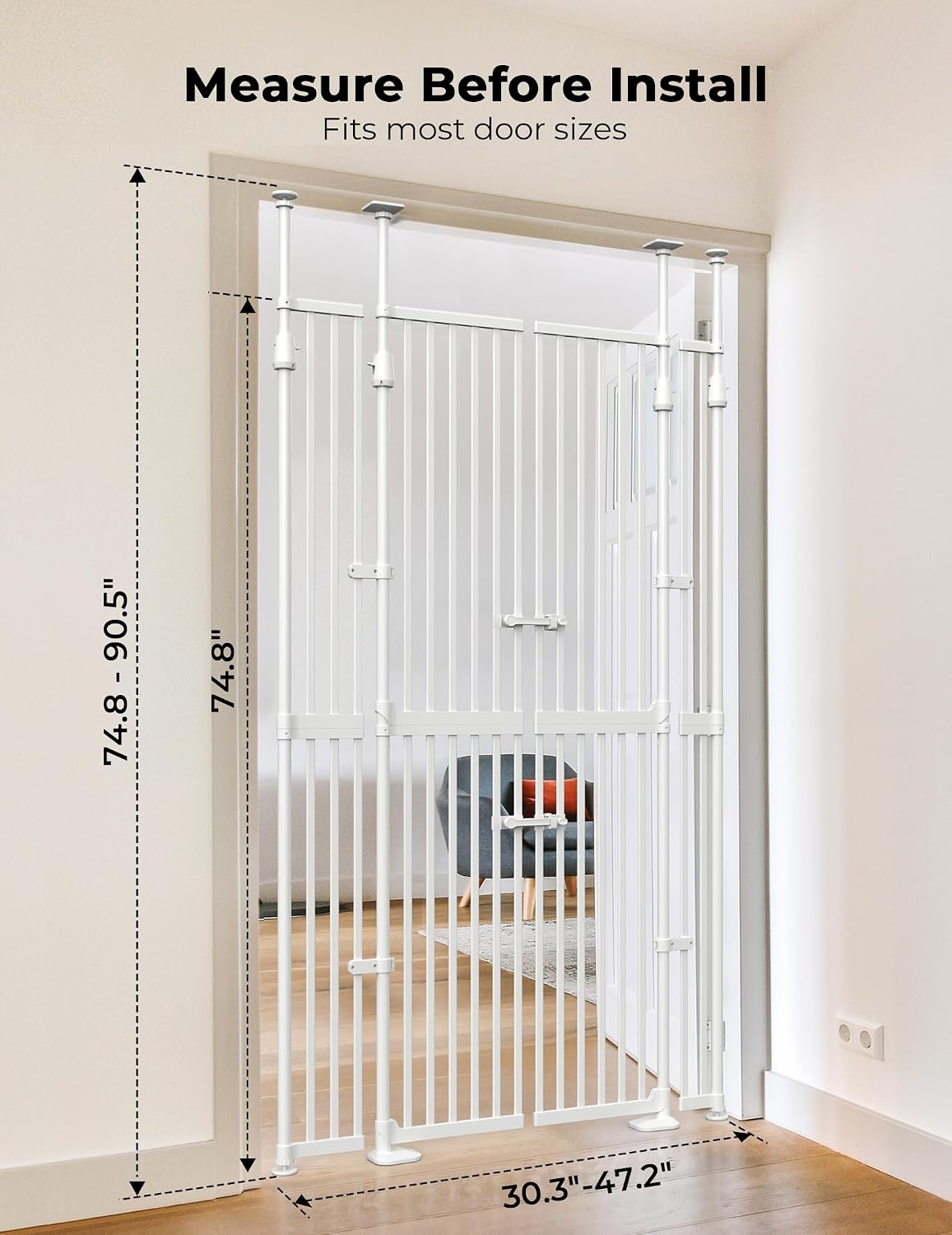Extra Tall Cate Gate for Doorway: Pressure Mount 74.8'-90.5' Tall Cat Gate for Pets in Extra 30.3'-47.2' Width No Wall Drilling No Toddler for Indoor Stairs Hallway Room Safety Barrier