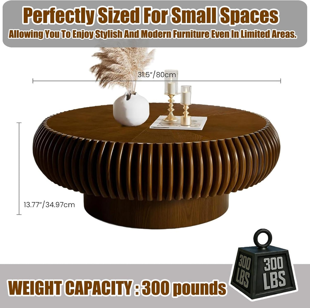 31.5' Round Drum Coffee Table, Modern Fluted Coffee Tables with Solid Wood Veneer, Wooden Circle Center Table for Living Room, Small Spaces, and Apartments, Easy Assembly