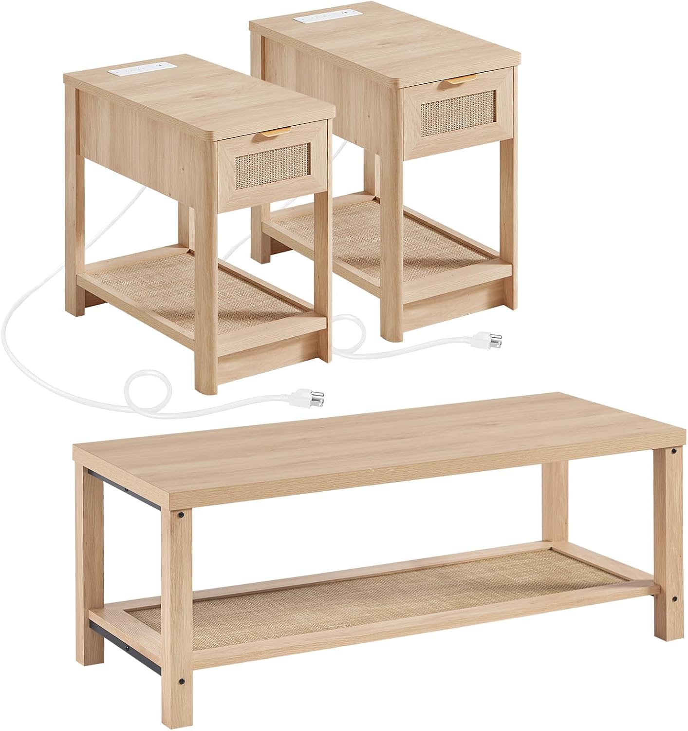 Lerliuo Boho Coffee Table Set of 3, Rattan Coffee and End Table Sets with Charging Station, Living Room Table Set with Open Shelf for Living Room, Natural Wood