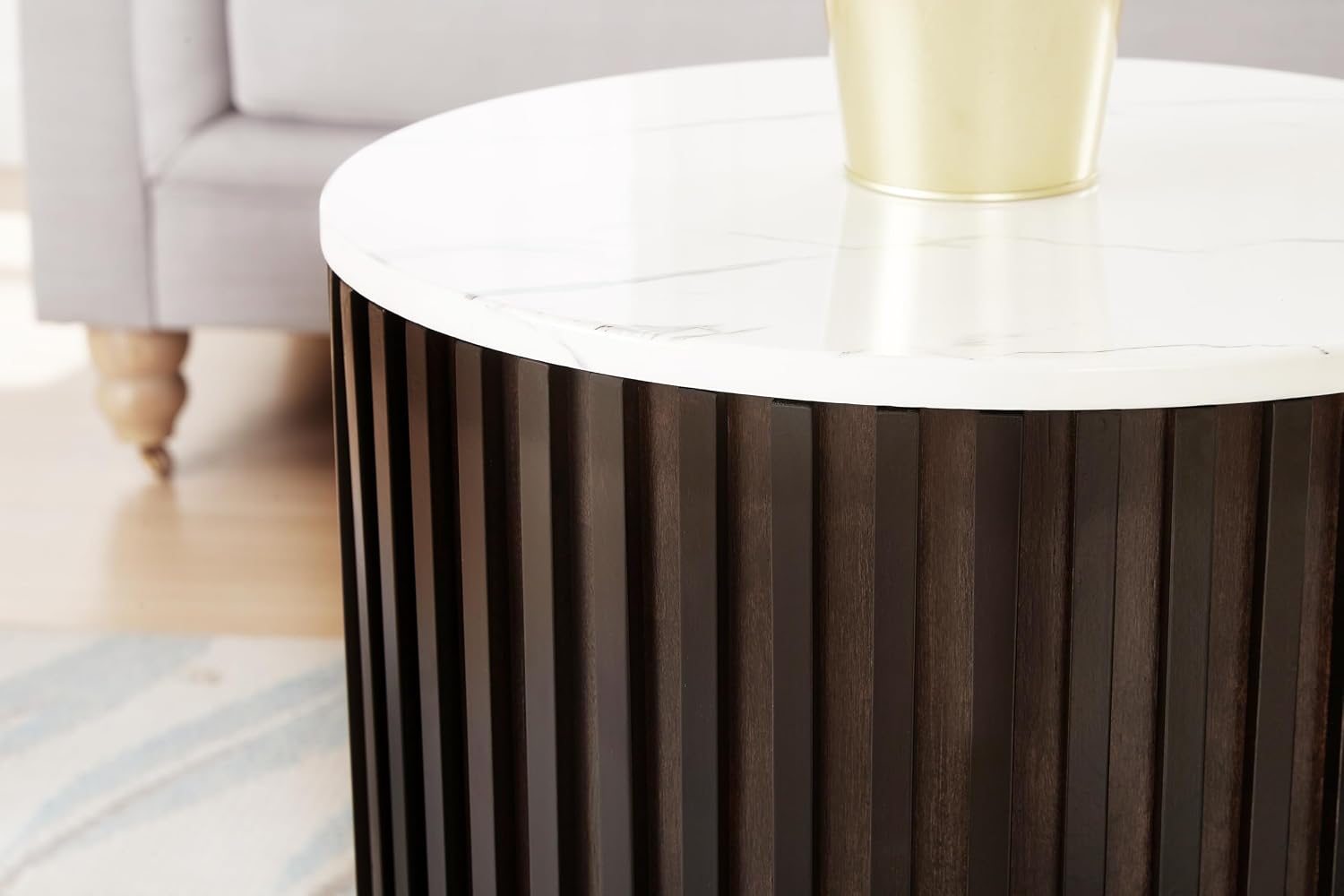 Round Wood Coffee Table Set of 2 with Marble Lid ＆ Hidden Storage, Handcraft Drum Side Table, Modern Circle Wooden End Table Set for Living Room, No Need Assembly(Black Brown,31x31x16 in)
