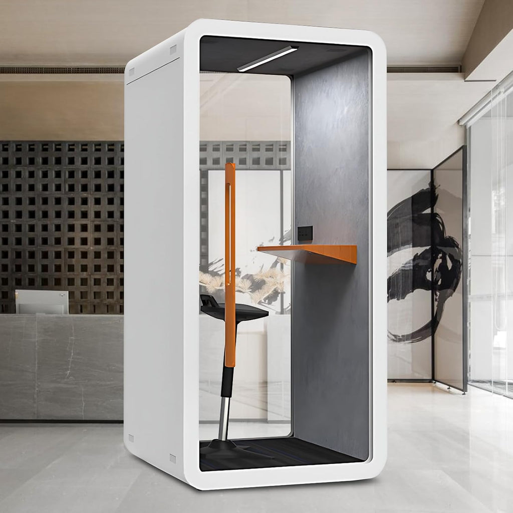 Office Sound Booth with Audio Privacy - Modern Soundproof Booth with Wooden Handle and Small Table Top,Office Room with Ventilation System,Lighting(43.3IN)