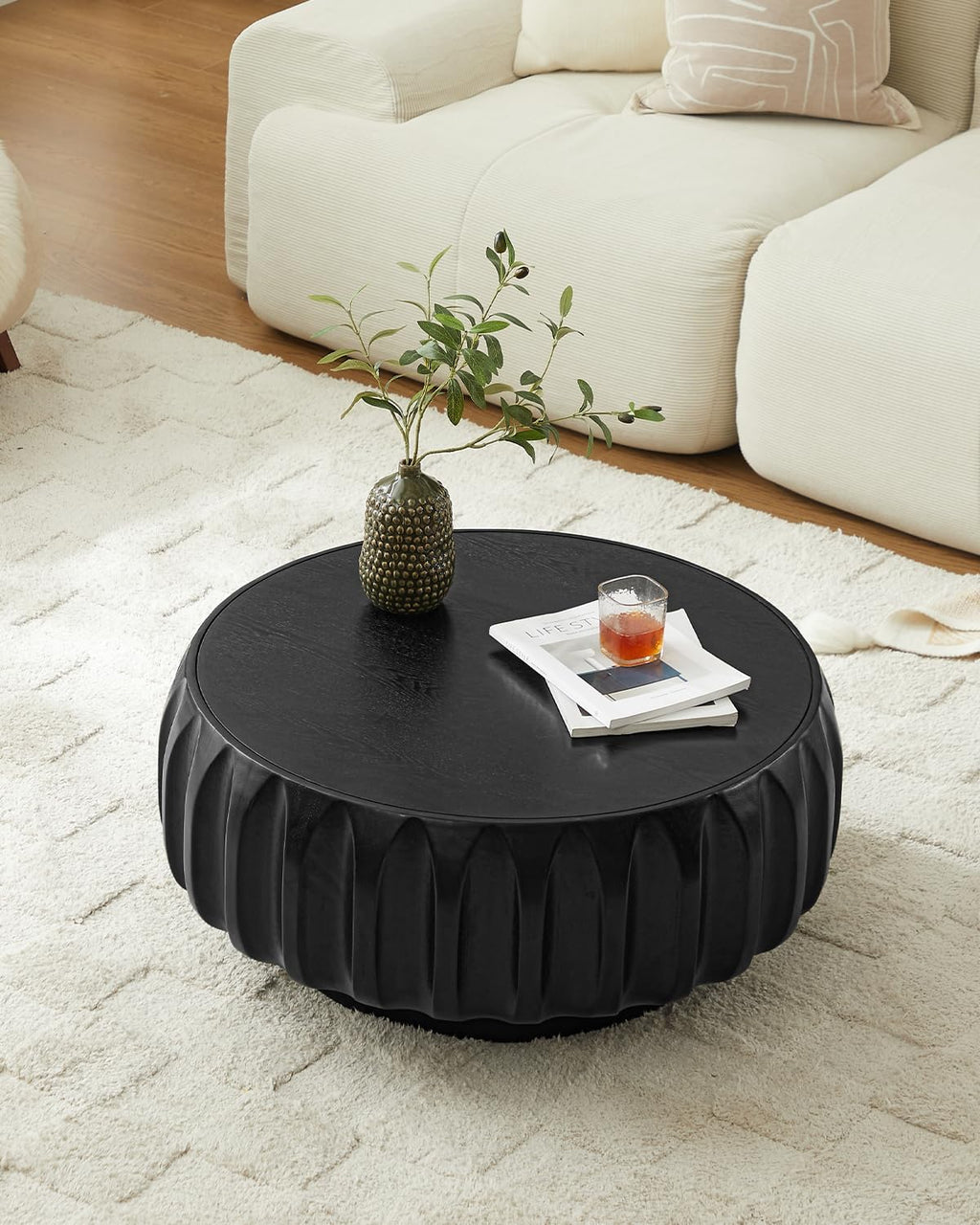 31.5' Drum Coffee Table Modern Unique Fluted Tea Table Contemporary Wood Round Coffee Table with Fluted Centry Table for Living Room Black