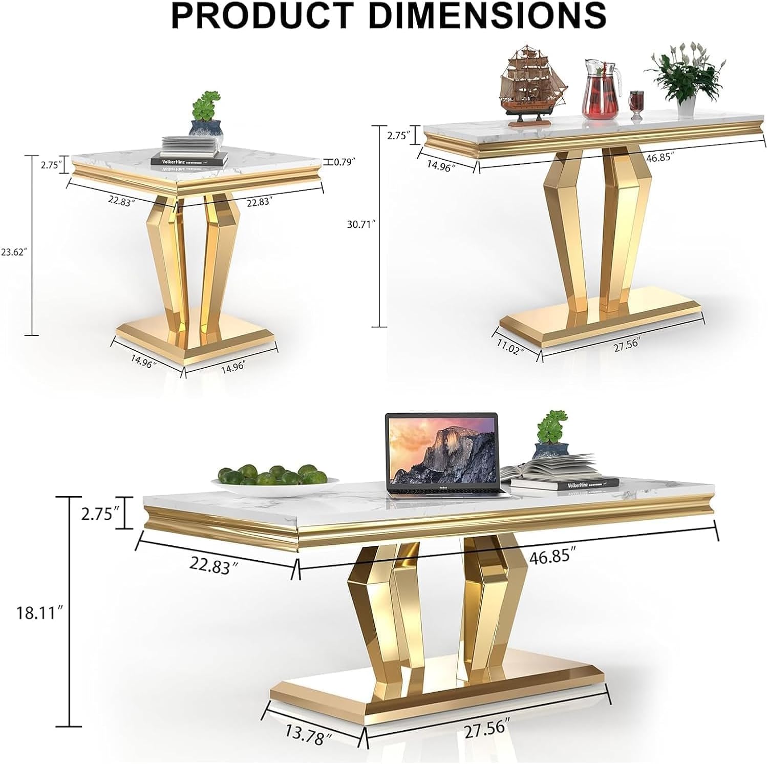 Henf 3 Piece Living Room Table Set, Faux Marble Coffee Table & Console Table & End Table, Luxury White Gold Coffee Table Set of 3 with Mirrored Stainless Steel Base for Living Room Apartment