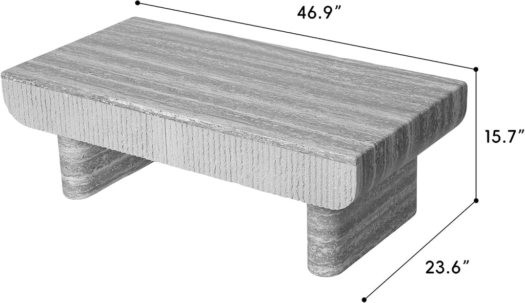 47' Grey Travertine Coffee Table with 2 Fluted Drawers,Modern Concrete Coffee Tables with Pedestal Legs for Living Room, Rectangular Coffee Center Tea Table with Storage for Apartment Bedroom