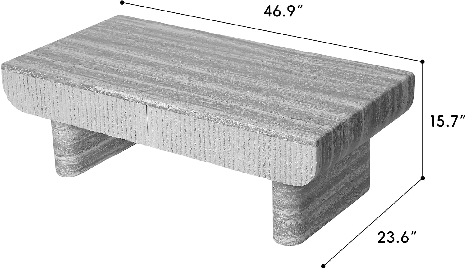 47' Grey Travertine Coffee Table with 2 Fluted Drawers,Modern Concrete Coffee Tables with Pedestal Legs for Living Room, Rectangular Coffee Center Tea Table with Storage for Apartment Bedroom