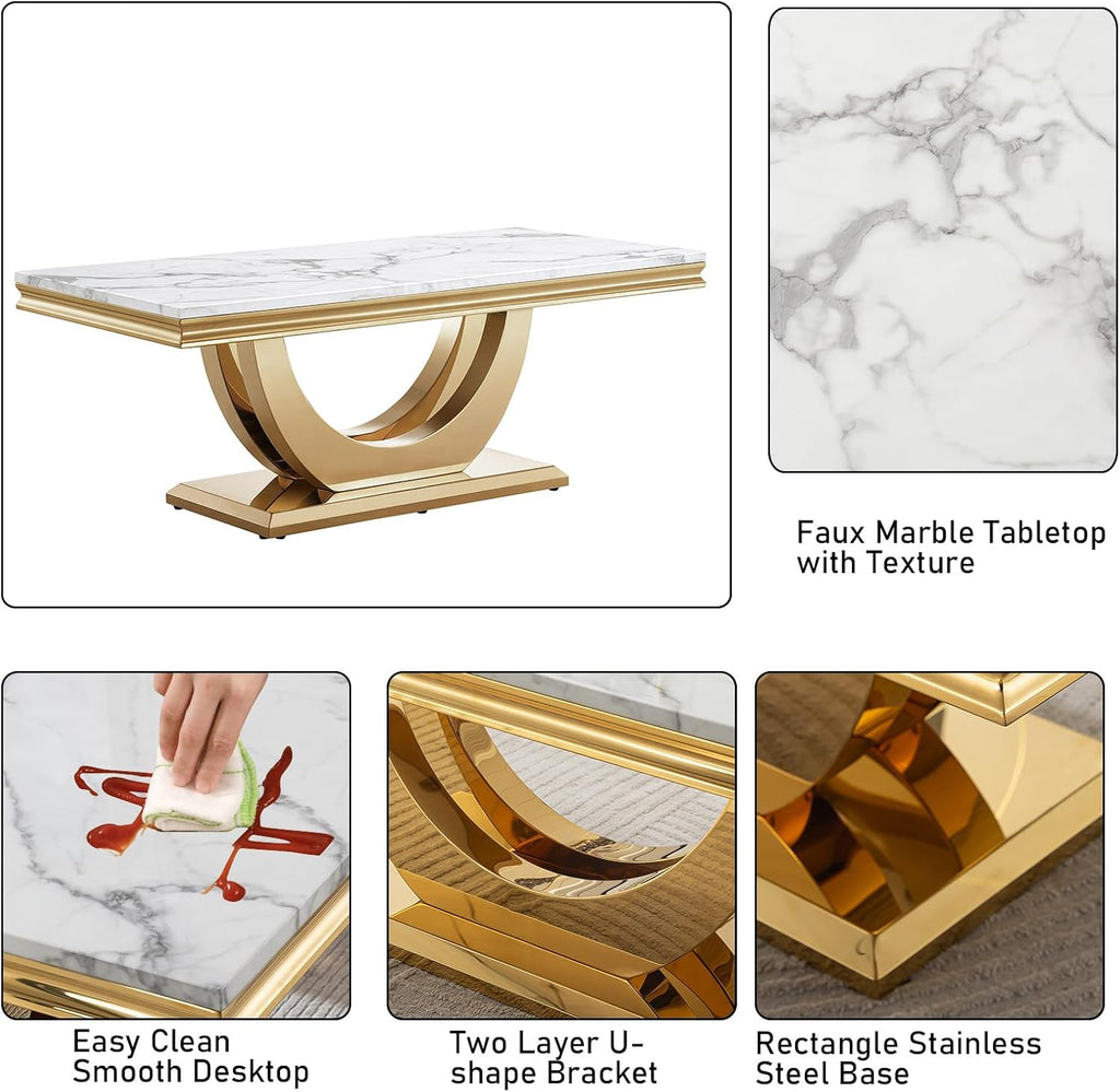 2-Piece Living Room Table Set, Faux Marble Coffee Table Set of 2 with U Stainless Steel Base, White and Gold Coffee and End Table Set, Modern Home Living Furniture