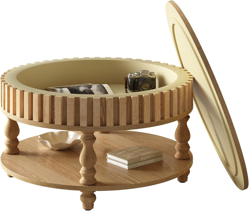 31.49'' Round Coffee Table with Storage Space, 2-Tier Modern Rustic Wood Circle Fluted Coffee Table for Living Room, Moveable Table Top & Easy Assembly, Natural