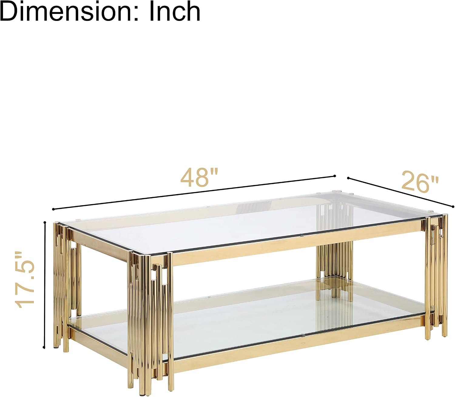 SSLine Clear Glass Coffee Table with Gold Stainless Steel Frame Luxury Rectangle 2-Tier Coffee Table for Living Room Modern Elegant Cocktail Center Table with Storage Shelves for Home Office