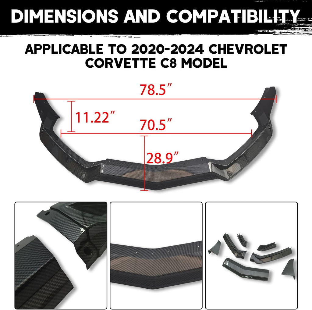 Front Bumper Lip Splitter Spoiler Compatible with Chevy Corvette C8 2020-2025, Corvette C8 Stingray Z51 Front Splitter Air Dams Chin Spoiler Auto Parts Replacement Accessory (Carbon Fiber)