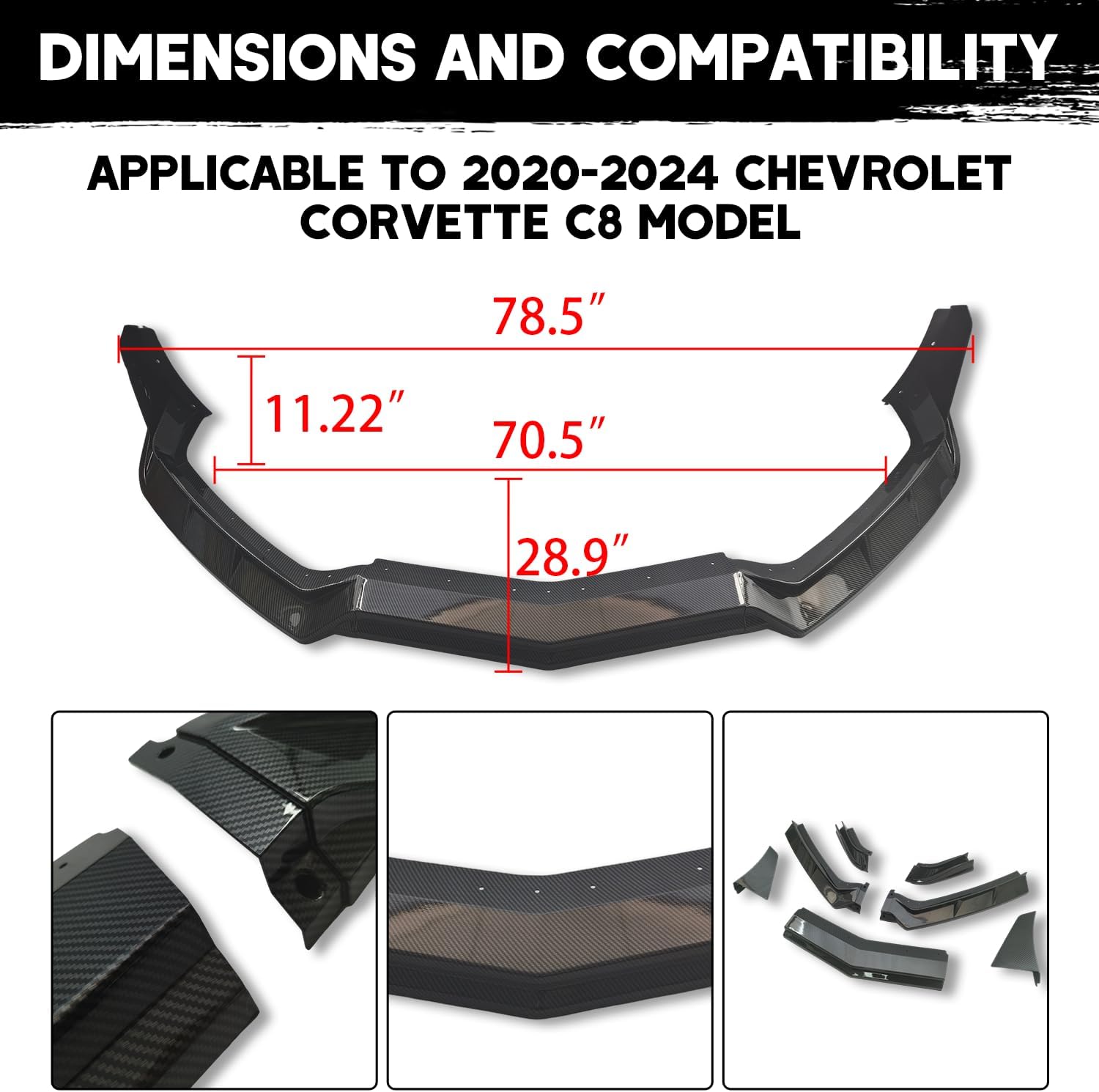 Front Bumper Lip Splitter Spoiler Compatible with Chevy Corvette C8 2020-2025, Corvette C8 Stingray Z51 Front Splitter Air Dams Chin Spoiler Auto Parts Replacement Accessory (Carbon Fiber)