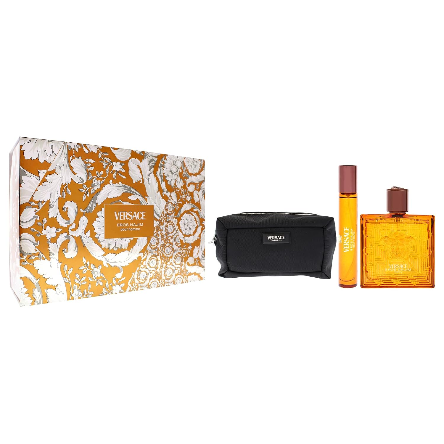 Eros Najim by Versace for Men - 3 Pc Gift Set 3.4oz Parfum Spray, 0.3oz Parfum Spray (Mini), Pouch