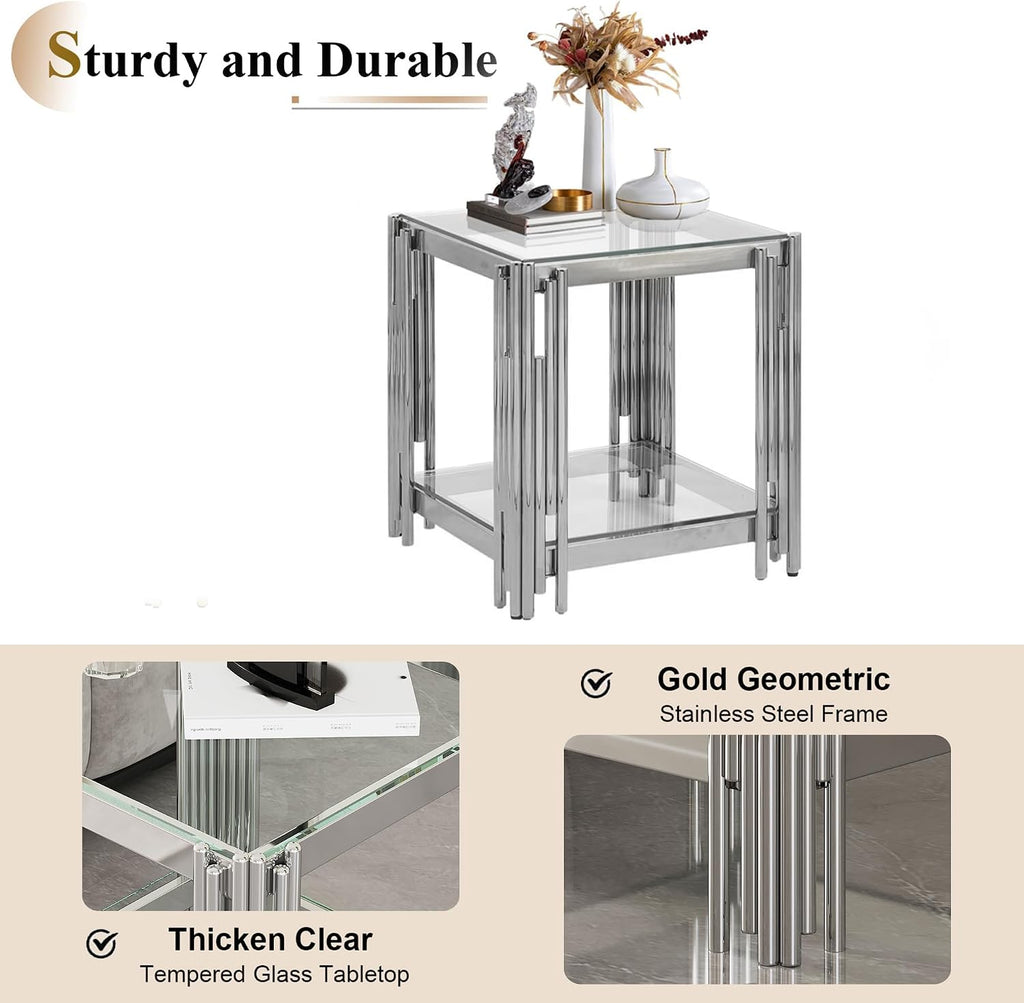 Modern Glass End Table, 20' Suqare Side Table with Silver Mirrored Stainless Steel Frame, 2-Tier Clear Glass End Table Nightstand Pedestal Stand Lamp Table for Living Room, Bedroom, Office