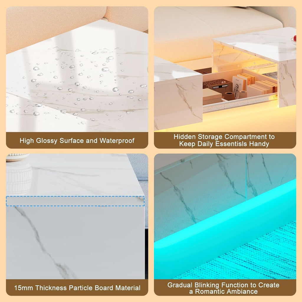 HedoAjim White Marble LED Coffee Table with Storage for Living Room, Living Room Table Rectangular Center Table, Modern High Glossy Wooden Coffee Tables for Dining Reception Room