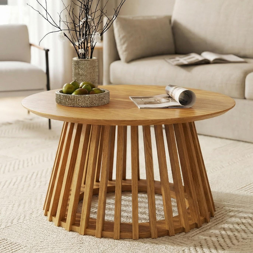 HNY Modern Round Coffee Table for Living Room, Mid Century Wood 31.5' Circle Small Center Table with Wooden Fluted Base for Home Small Space, Bedroom, Apartment, Studio, Natural