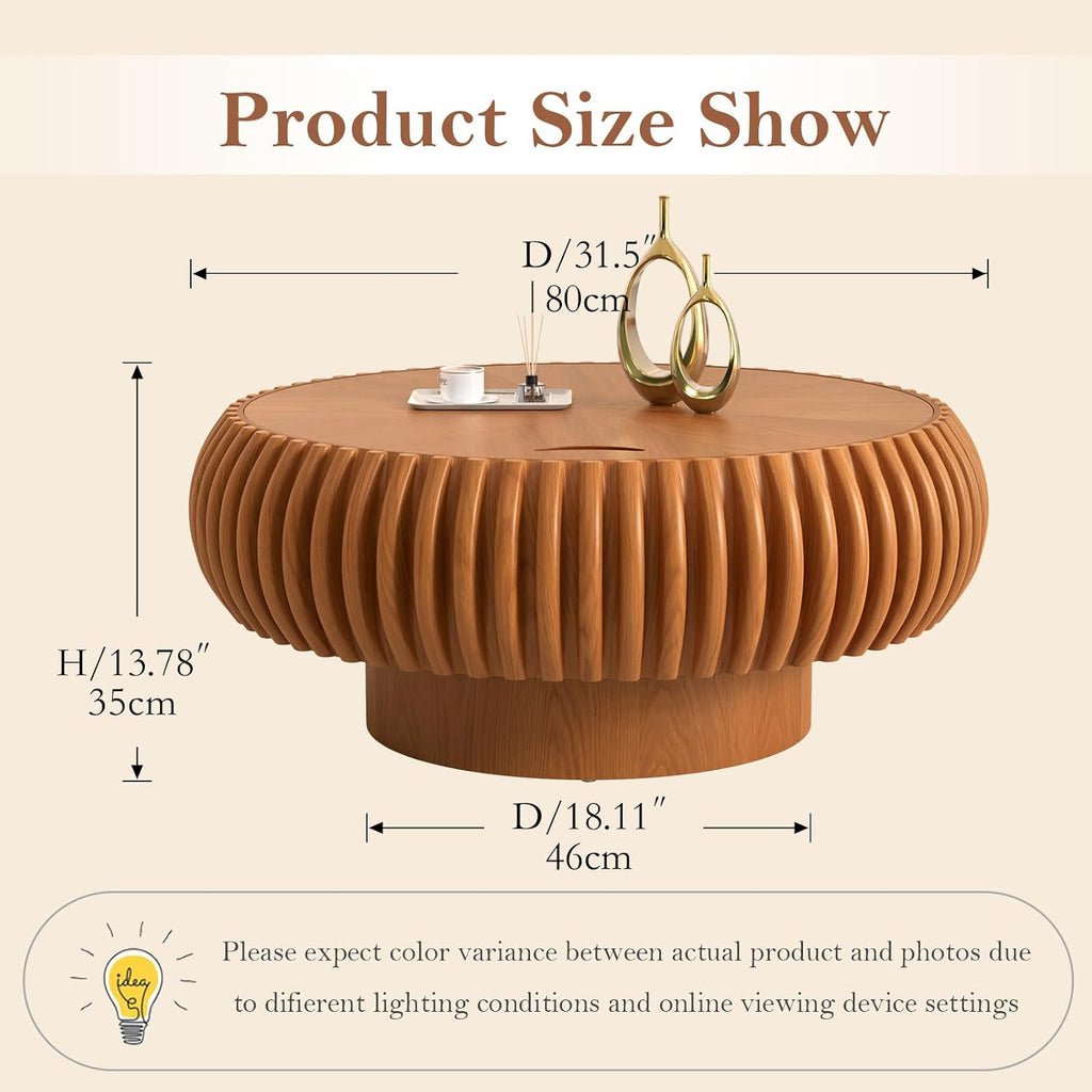 31.5' Round Fluted Coffee Table with Storage Unique Contemporary Wood Low Circle Drum Tea Tables - Sturdy Pedestal for Small Space (J Brown 31.5in)