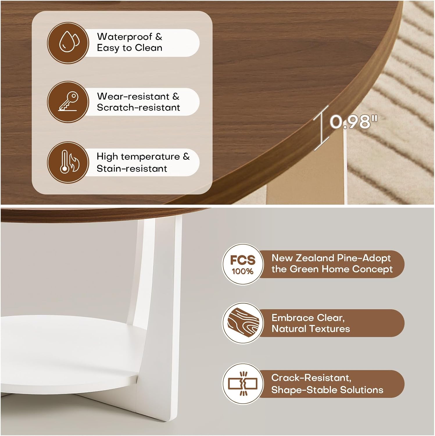BECHAEO 31.5'' Round Coffee Table with Solid Wood Pine Legs, 2-Tier Rustic Coffee Table with Storage Shelf, Small Modern Wood Circle Center Table for Living Room