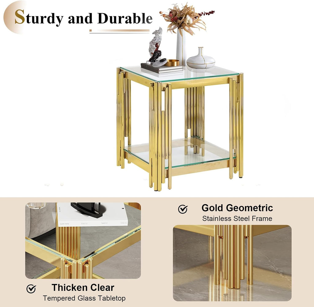 Luxury Gold Glass End Table,Sqaure Sofa Side Table with Shiny Geometric Stainless Steel Base,Clear Glass Accent End Table Bedside Table Nightstand for Living Room Bedroom Office